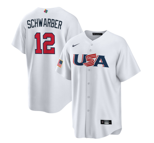 Men's USA Baseball #12 Kyle Schwarber 2023 White World Baseball Classic Replica Stitched Jersey